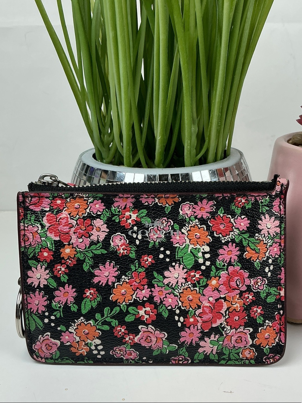 Coach Black Floral Zip Card Case with Pink Trim and Key Ring wallet